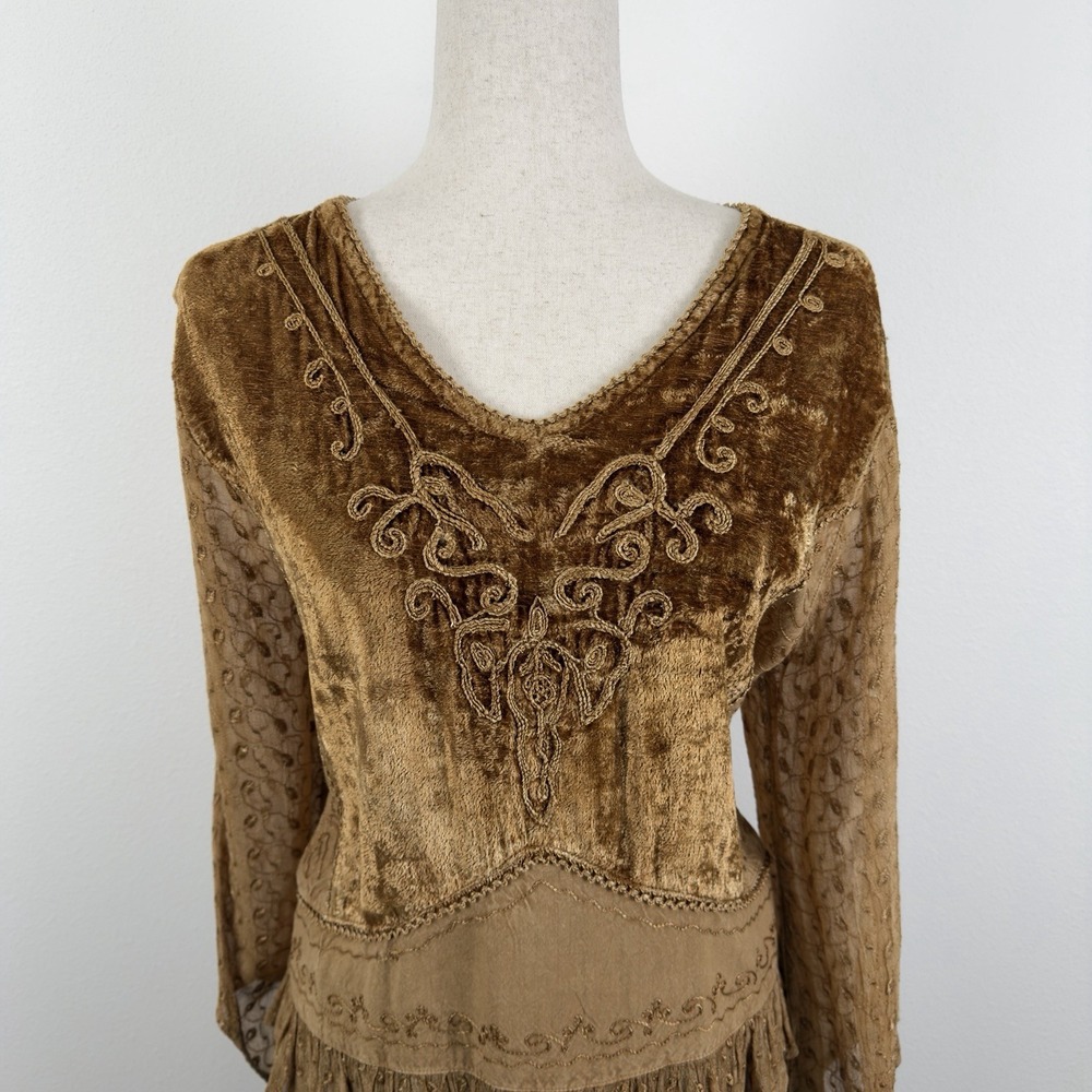 VTG Just Cruising Top Womens L* Yellow Embroidered Tie Back Hippie Boho Festival - Picture 2 of 15